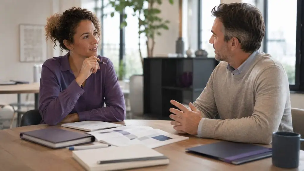 Professionals bespreken een inhoudelijke bijdrage of samenwerking met Working BC